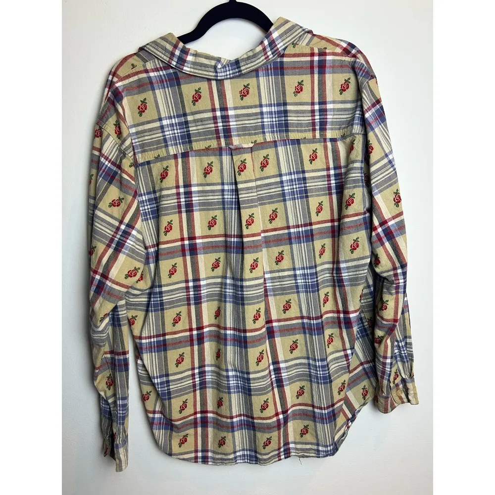 Vintage Lemon Grass Cottage Button Up Checkered Plaid Rose Print Size Large - Image 4