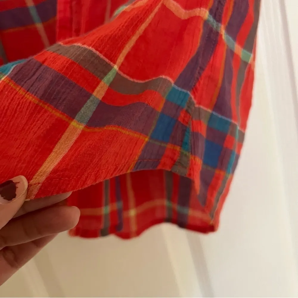 Merona women's size L top orange multicolor plaid LS collared button up EUC - Image 7