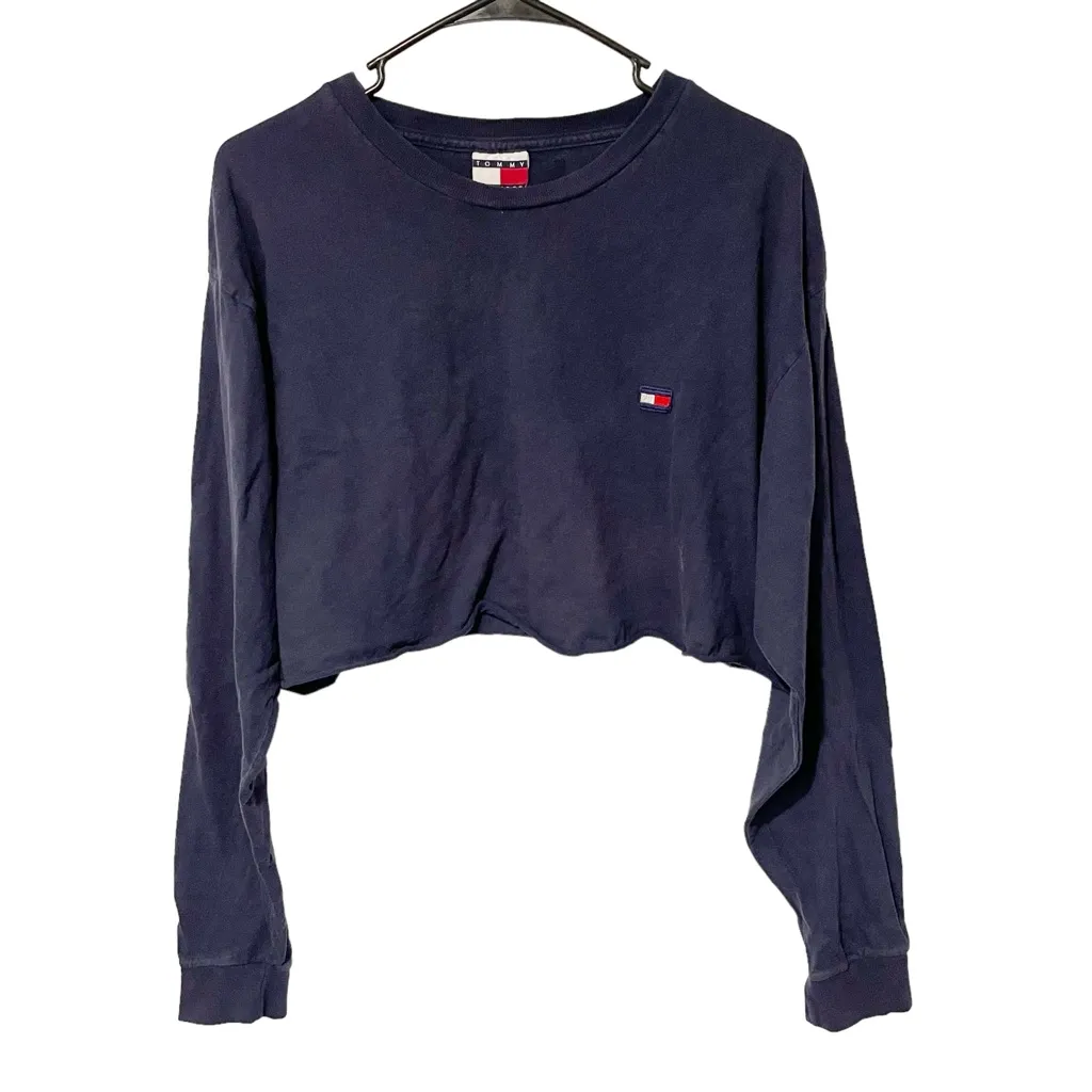 Tommy Hilfiger Vintage Size Large Blue Cropped Long‎ Sleeve T-shirt - Image 2