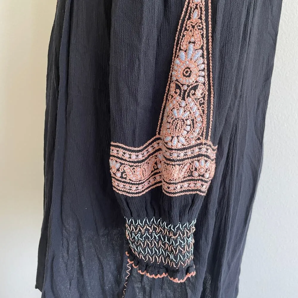 Free People Navy Blue Pink Embroidered V-Neck Mini Dress Long Sleeve - Image 8