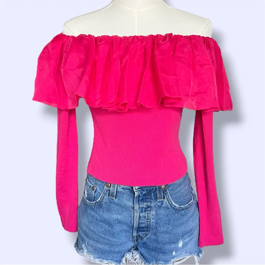 Anthropologie Off-The-Shoulder Hot Pink Organza Ruffle Top - Image 2