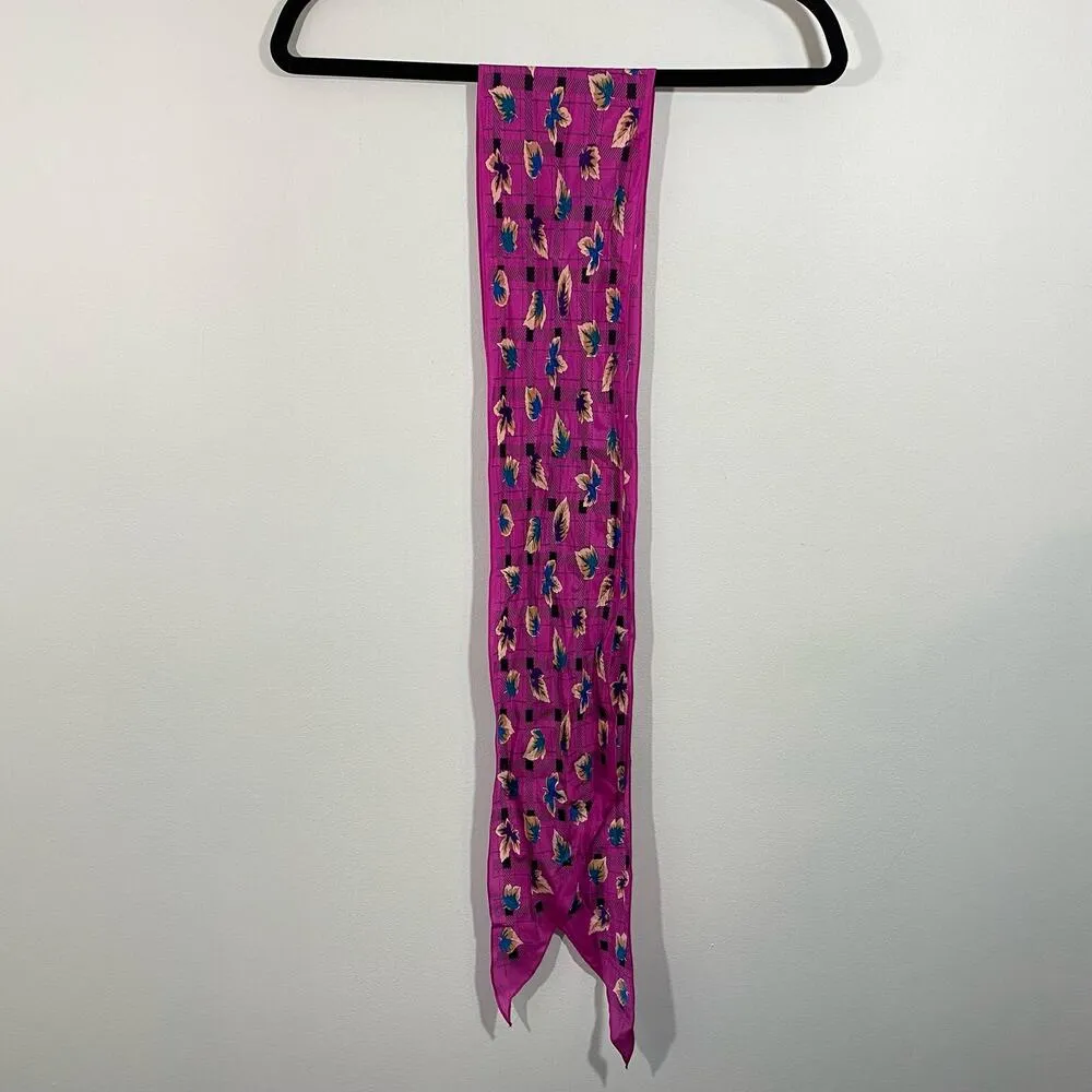 Vintage Fuchsia Leaves Graphics Silk Scarf/ Head Band No Tag 66 x 5.5 - Image 3