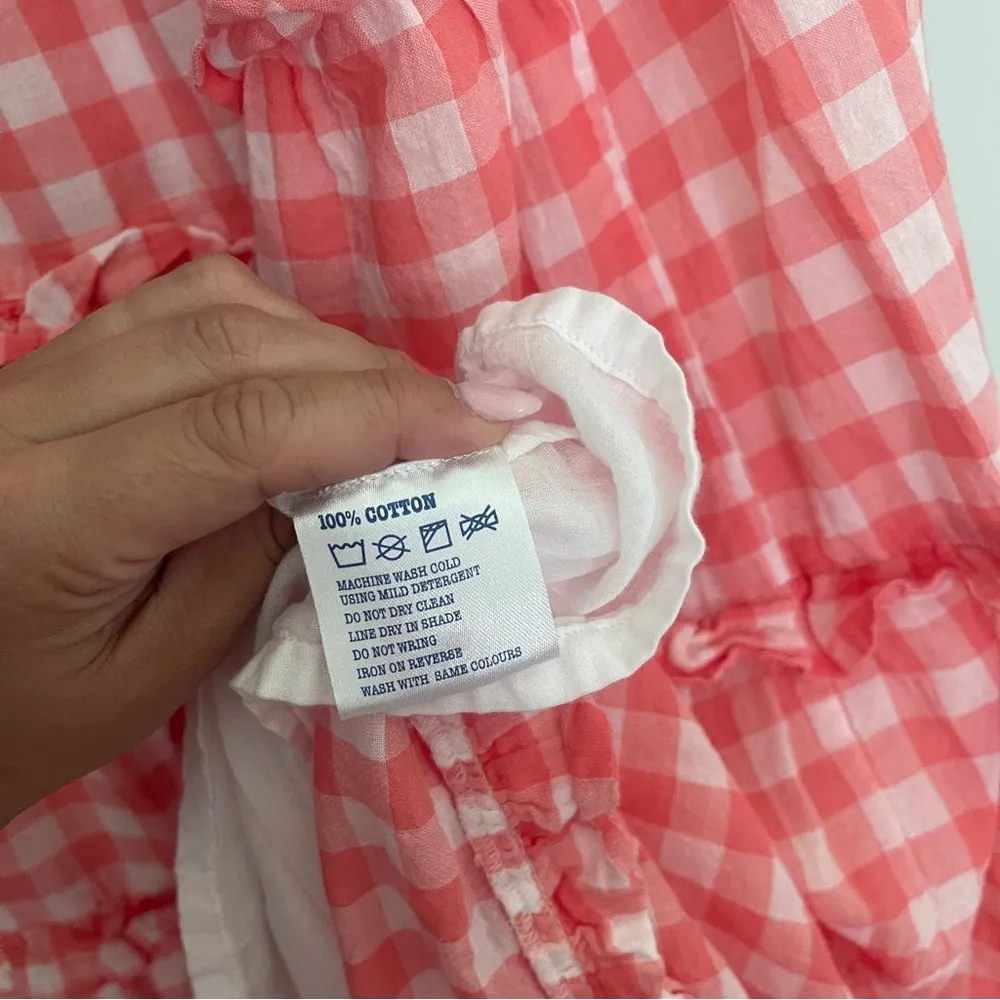 PINK CITY PRINTS Apricot Gingham Acapulco Dress tie shoulder midi tiered Size L - Image 6