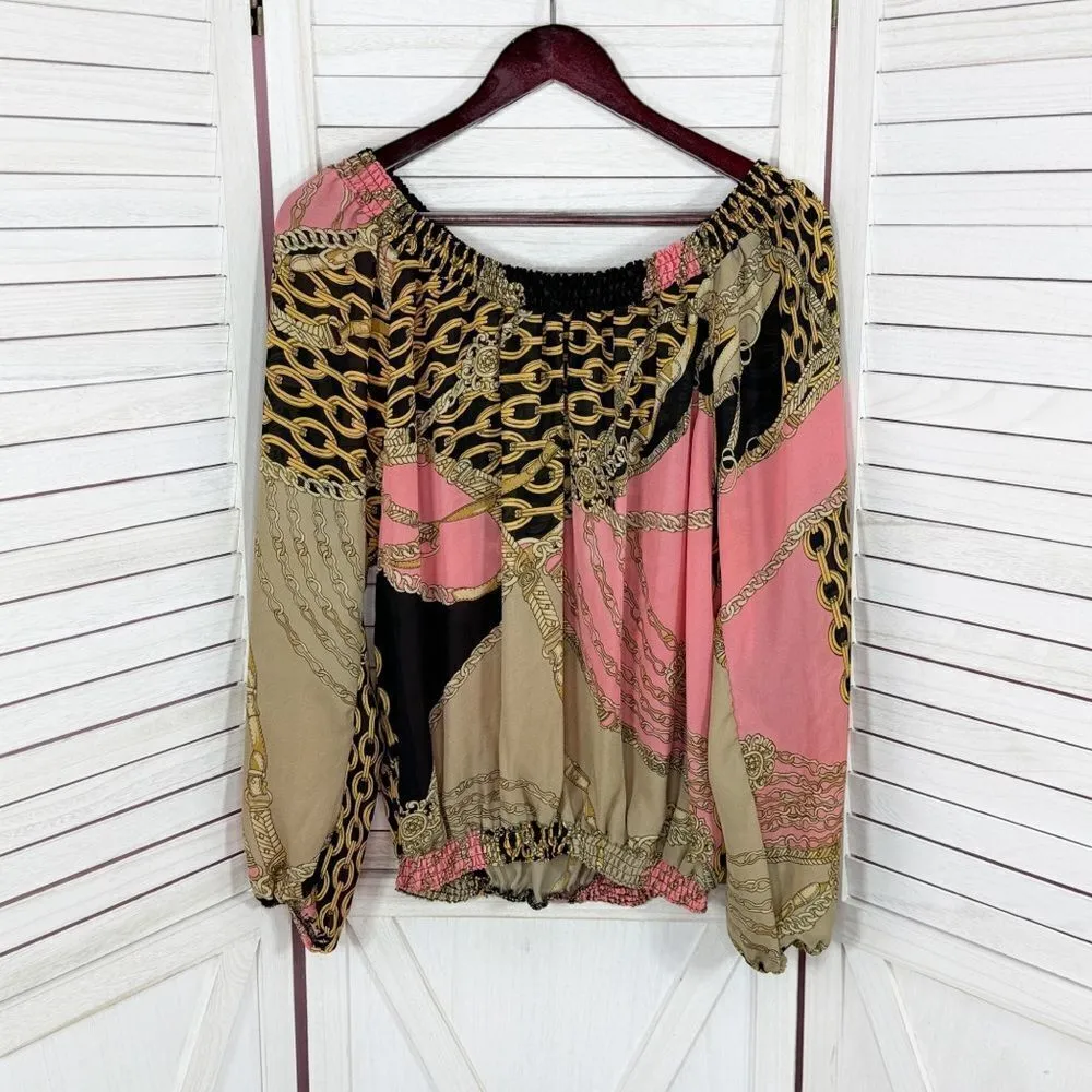 Metaphor‎ Equestrian Print Chiffon Smocked Neck Blouse Black Pink XL - Image 8