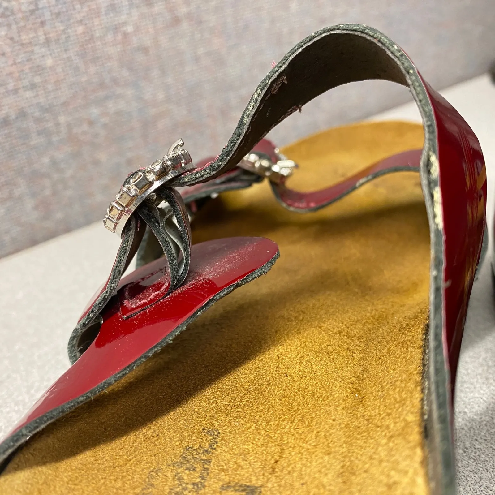 NAOT Red Patent Leather Rhinestone Buckle Footbed Sandals Women Size 38 FLAWED - Image 12