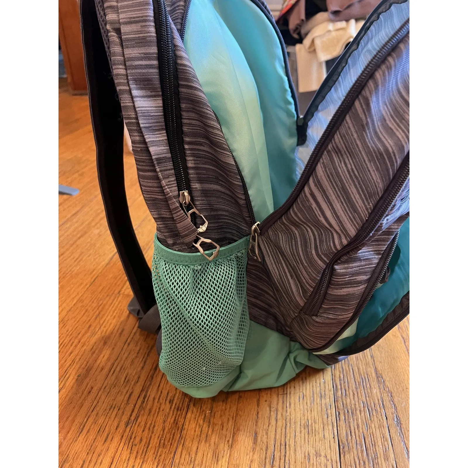 Adidas Backpack Gray Green Multi-Compartment Mesh Pockets School Travel Bag - Image 4