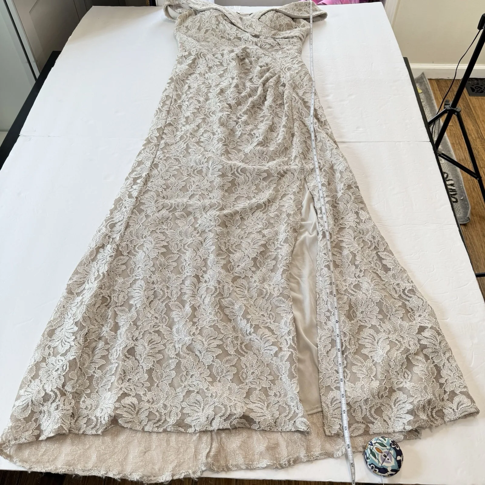 Alex Evenings Ivory Beige‎ Glitter Lace Off Shoulder Formal Maxi Dress Size 10 - Image 10