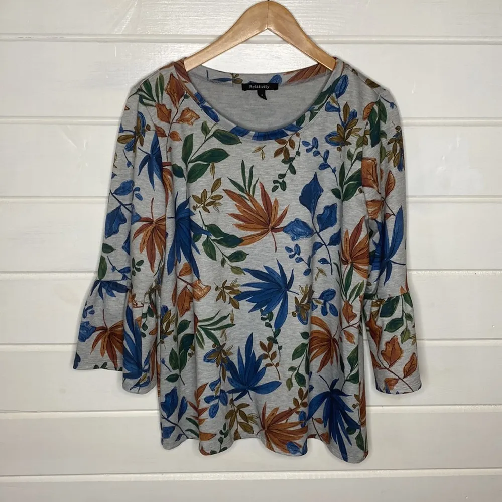 Gray fall floral bell sleeved top - Image 2