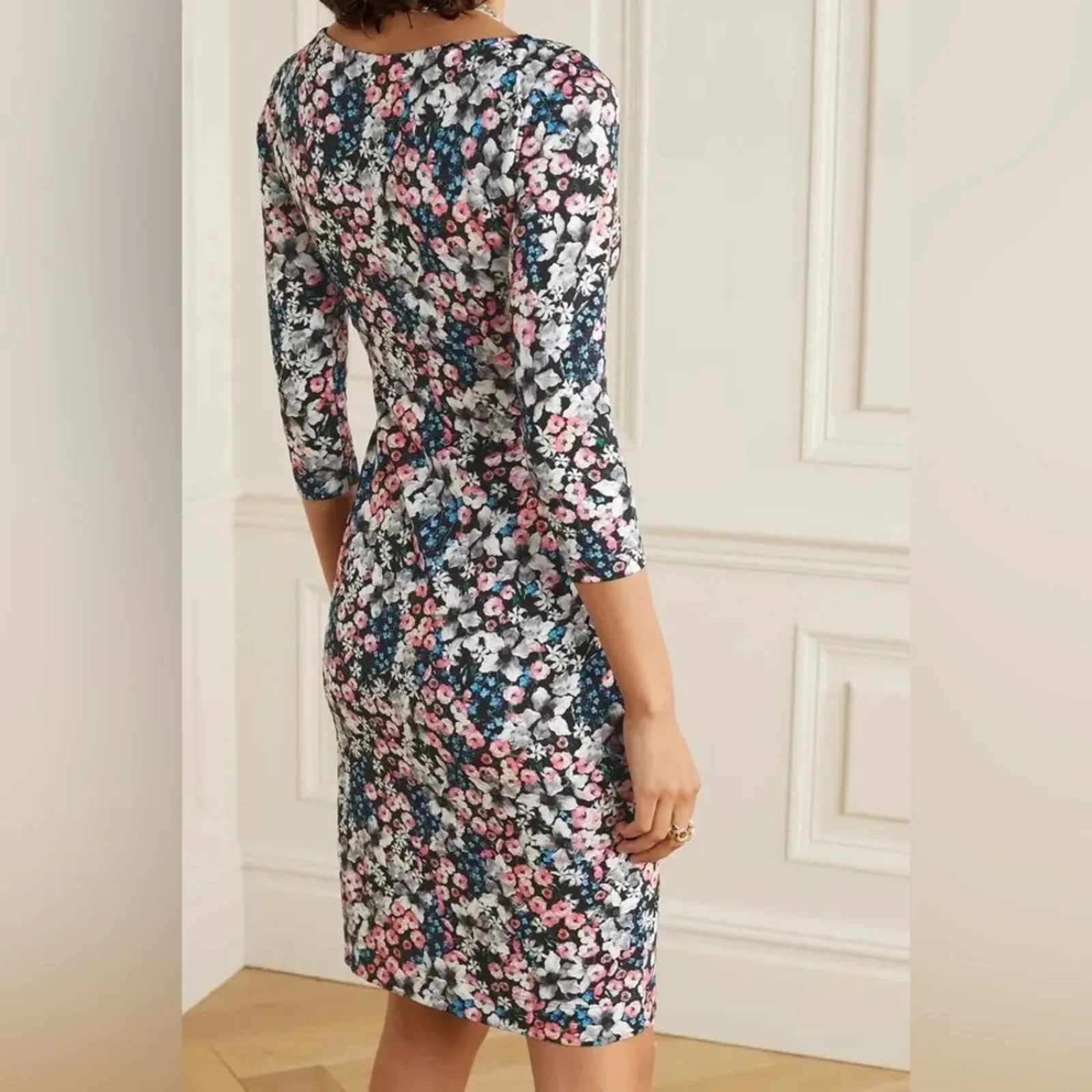 ERDEM Reese bright floral boat neck stretch ponte bodycon knee length dress 12 Black - Image 5