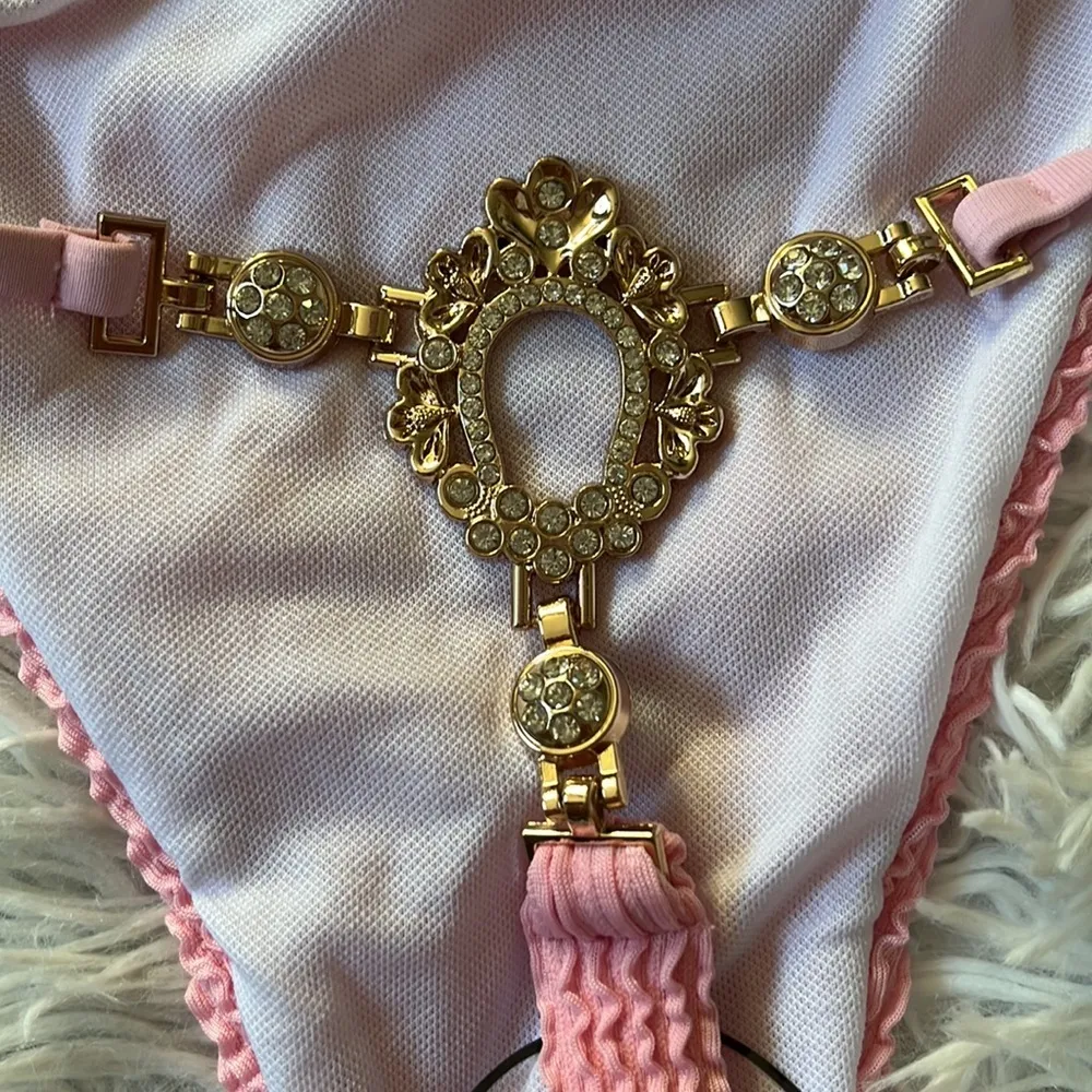 Shein Women’s triangle ribbed Bikini top and bottom rhinestones back size Medium - Image 9