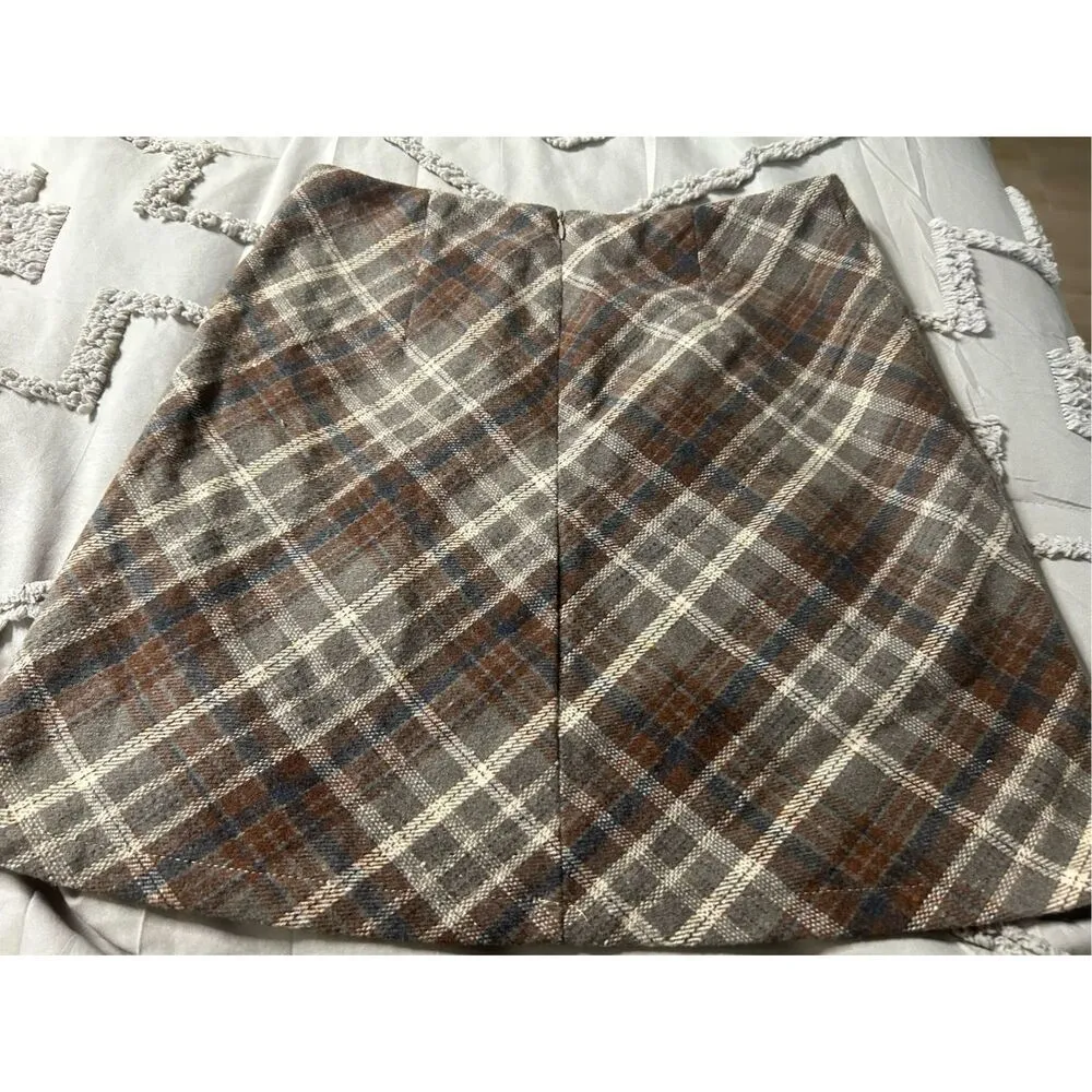 NEW High Waist Plaid Skirts Wool Look Mini Skirt S Tan - Image 3