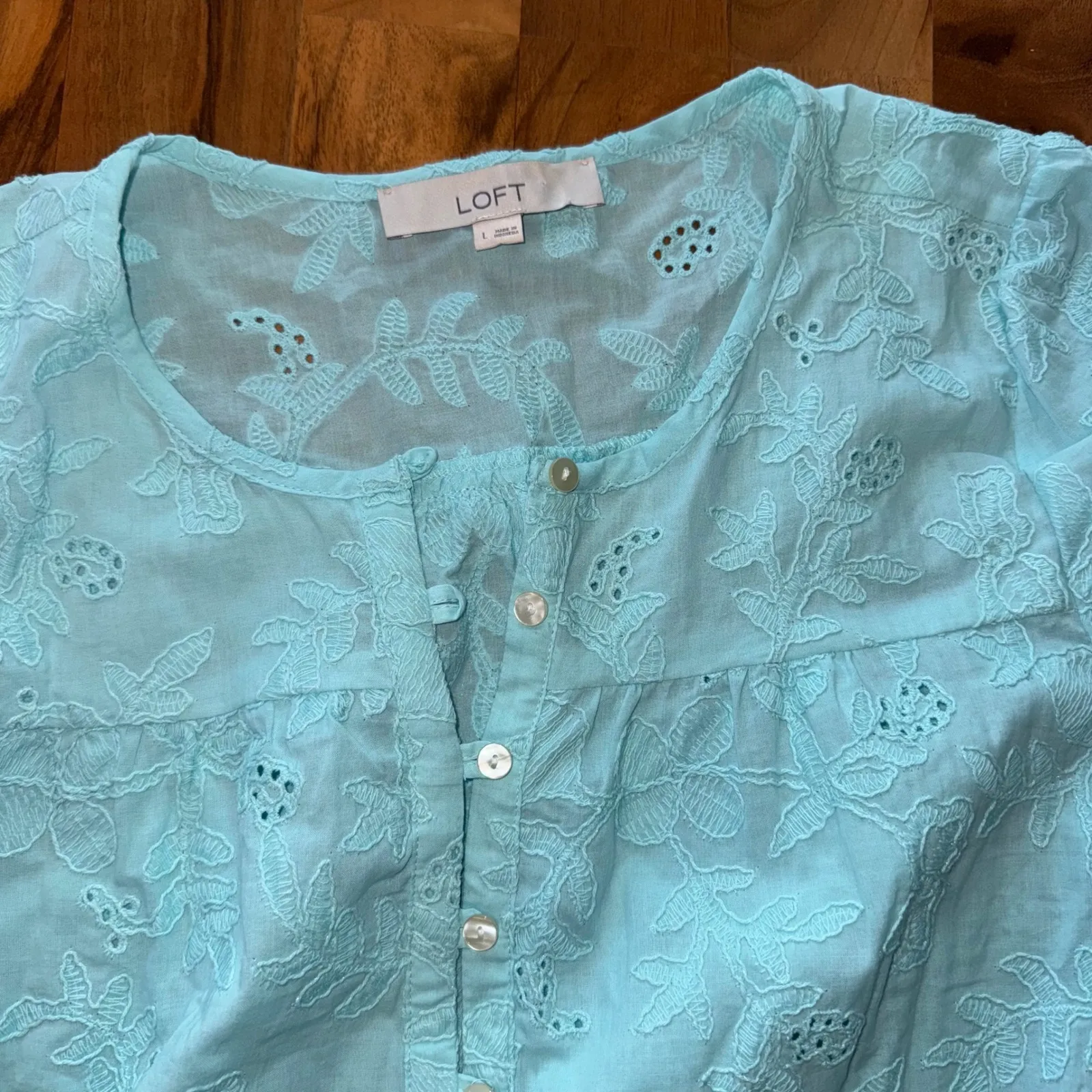 Loft Womens Blouse Top Floral Eyelet 3/4 Sleeve Button Up Light Blue light vacay - Image 5