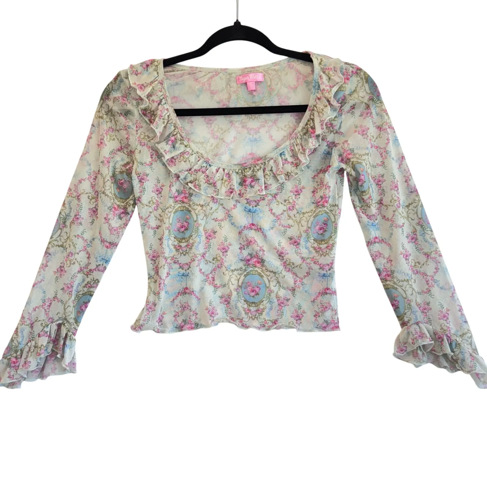 Romantic Cottagecore Sheer Mesh Ruffle Long Sleeve Top Floral Print Y2K Small Pink - Image 2