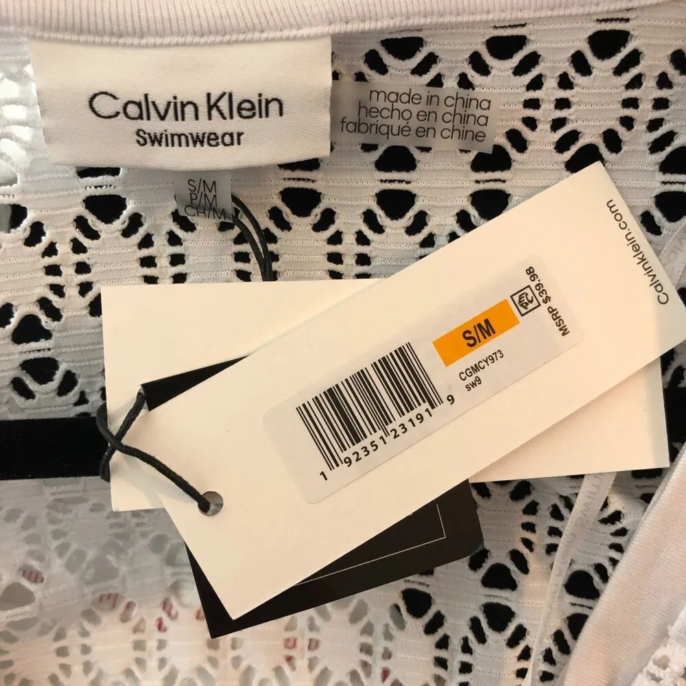 Calvin Klein Crochet-Shoulder Tunic Swim Cover Up Drawstring Pockets White S/M - Image 4