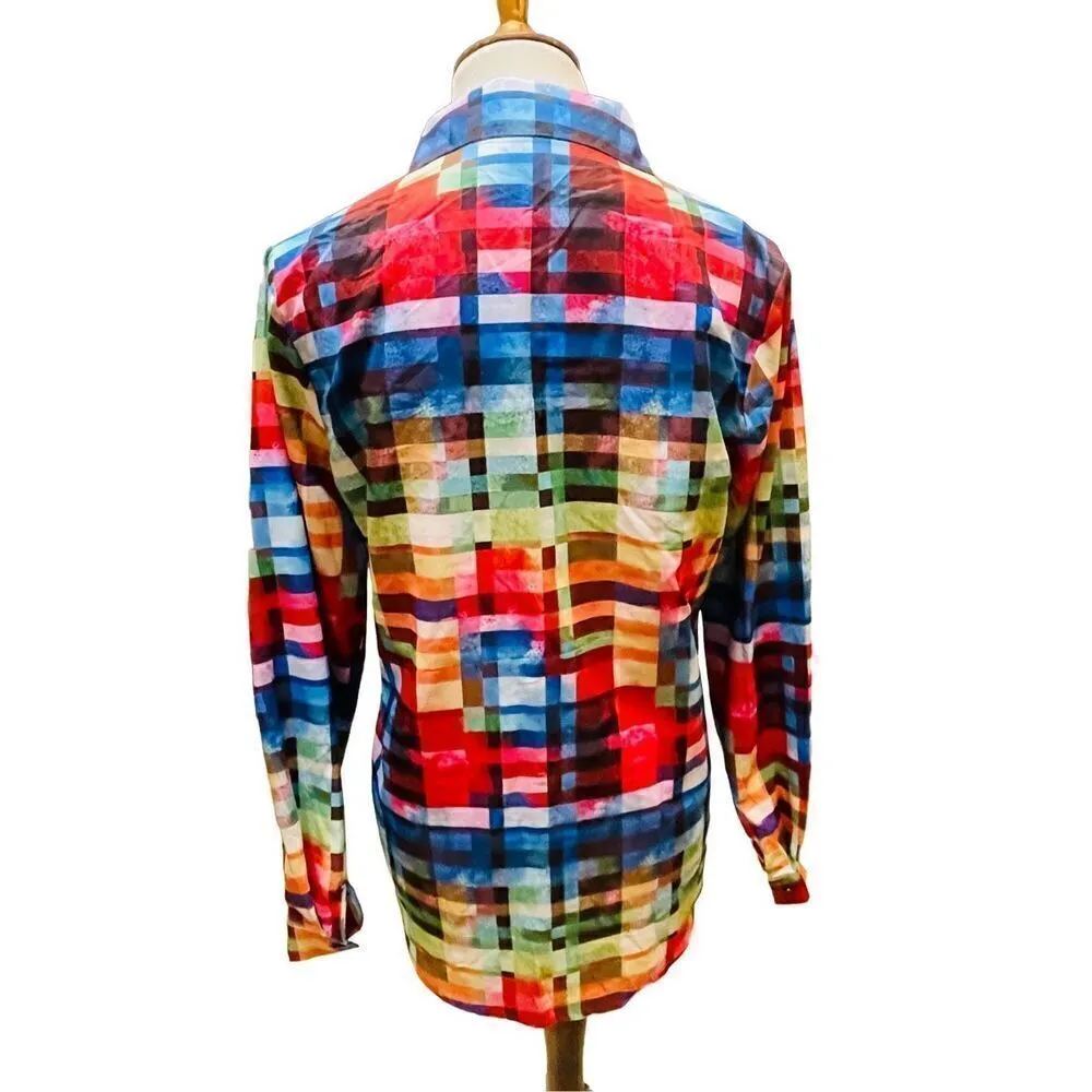 Unbranded Rainbow Checkered Button Down Long Sleeve Shirt Size Medium Red - Image 4