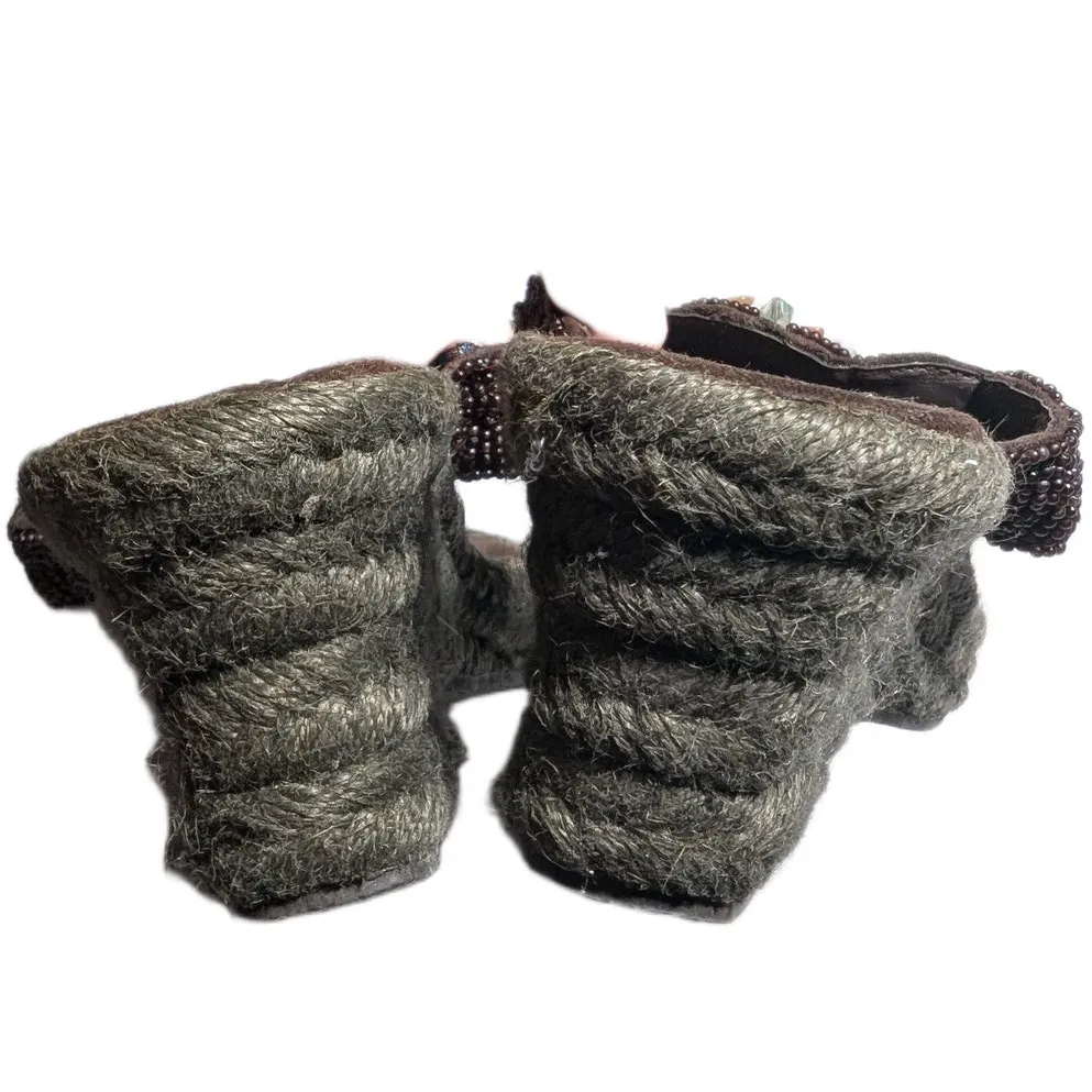 Vtg Y2K Xhilaration Brown Beaded Embellished Wedge Heel Toe Post Sandals Sz 6 - Image 3