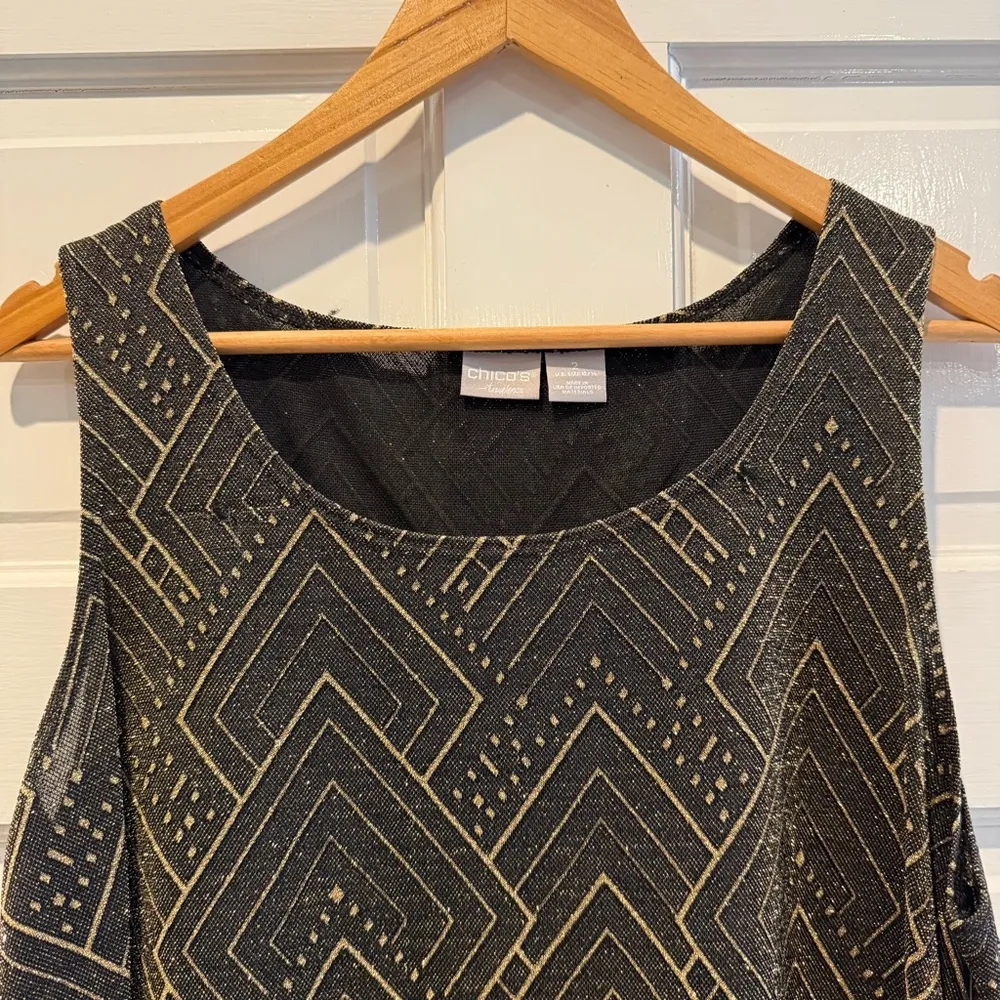 Chico’s Travelers Lurex Jacquard Tank Date Night Elegant Black Gold Size 2 / 12 - Image 2