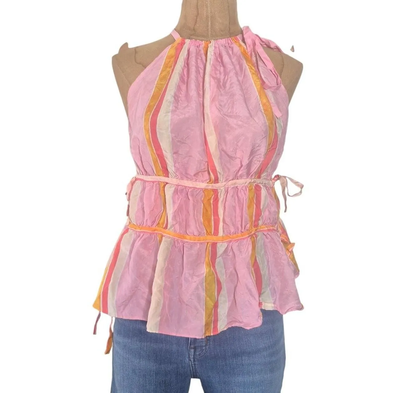 Club Monaco Pink & Yellow Striped Halter Top Ruffle Silk Size Medium - Image 4