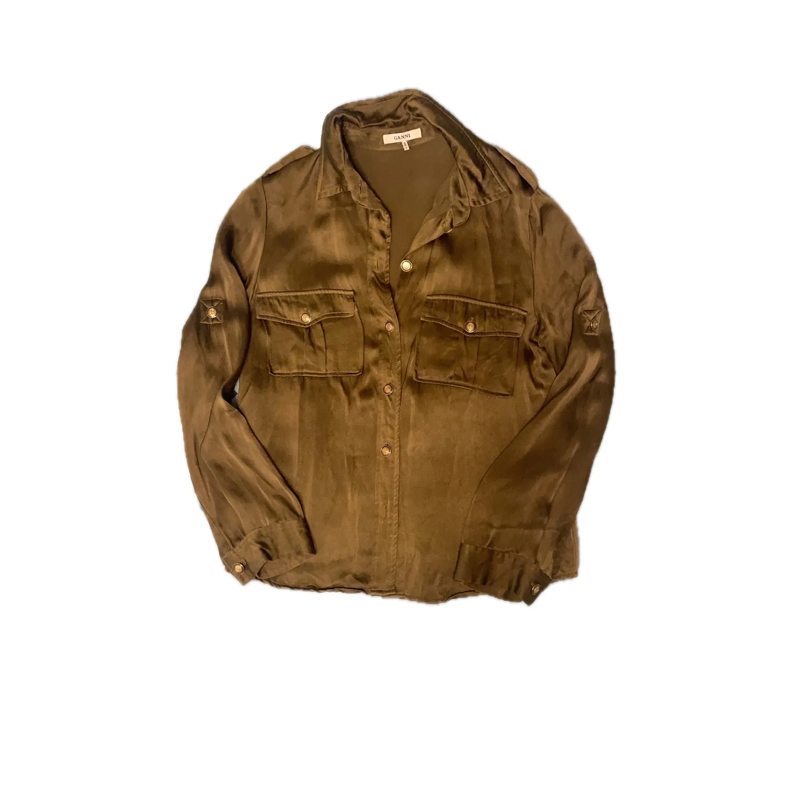 GANNI Satin Utility Shirt Olive Green Long Sleeve Button Up Pockets Size S - Image 3