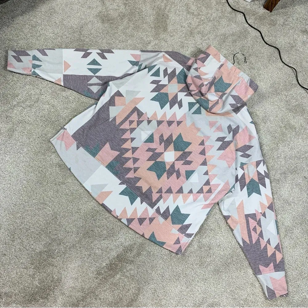 Hooey Women’s Roomy Burgundy Grey Hoodie Sweatshirt Longsleeve Aztec Print S Pink - Image 9
