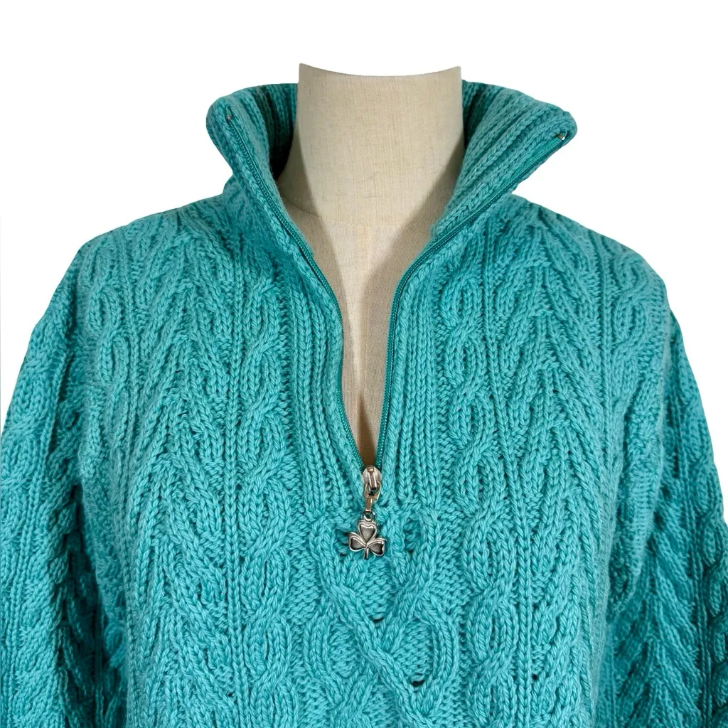 Aran Crafts 100% Merino Wool Turquoise Cable Knit 1/4 Zip Turtleneck Sweater Blue Size M - Image 3
