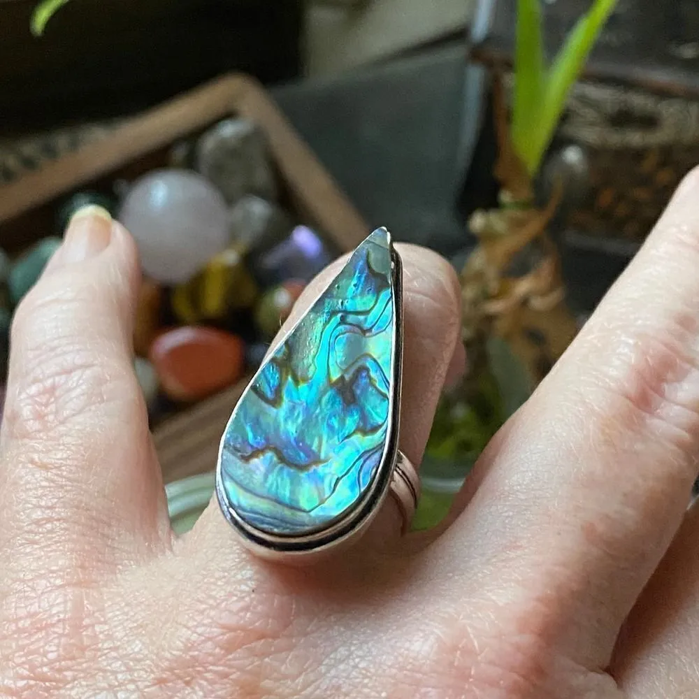 Mermaid Abalone Sterling Silver Large Boho Ring Size 9 Gold - Image 4