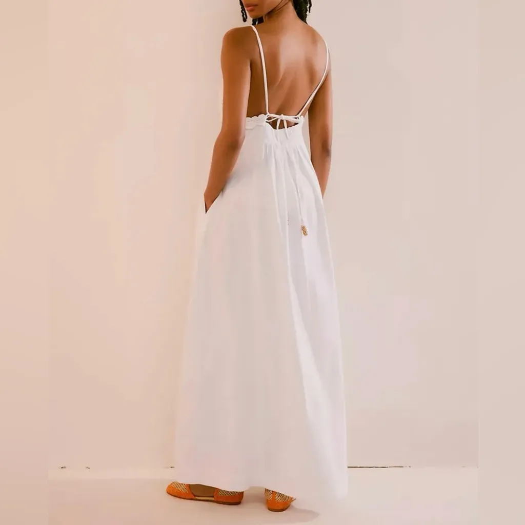 FREE PEOPLE White Maxi Dress Medium Long Aline Crochet Smocked Halter Top - Image 8
