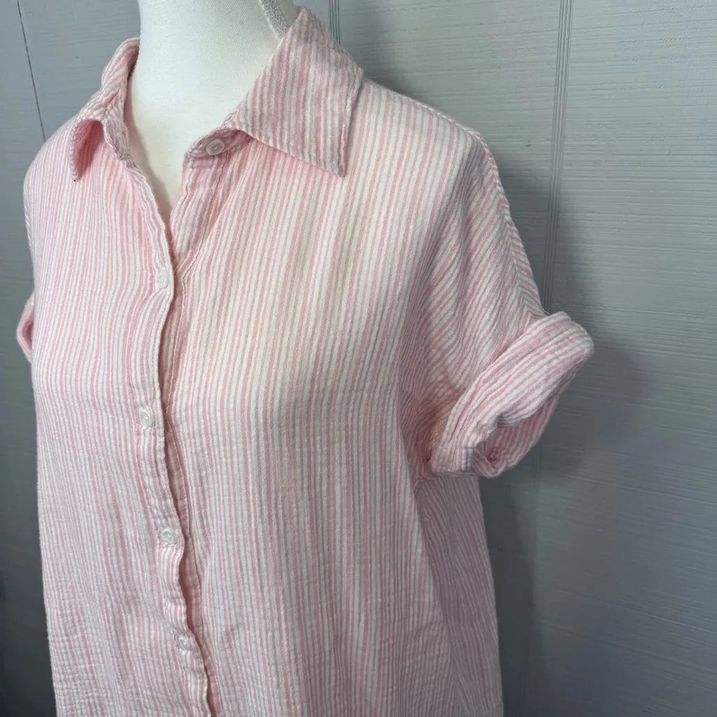 Casa Cabana Pink White Stripe Button Up Cotton Gauze Top Short Cuffed Sleeves XS - Image 2