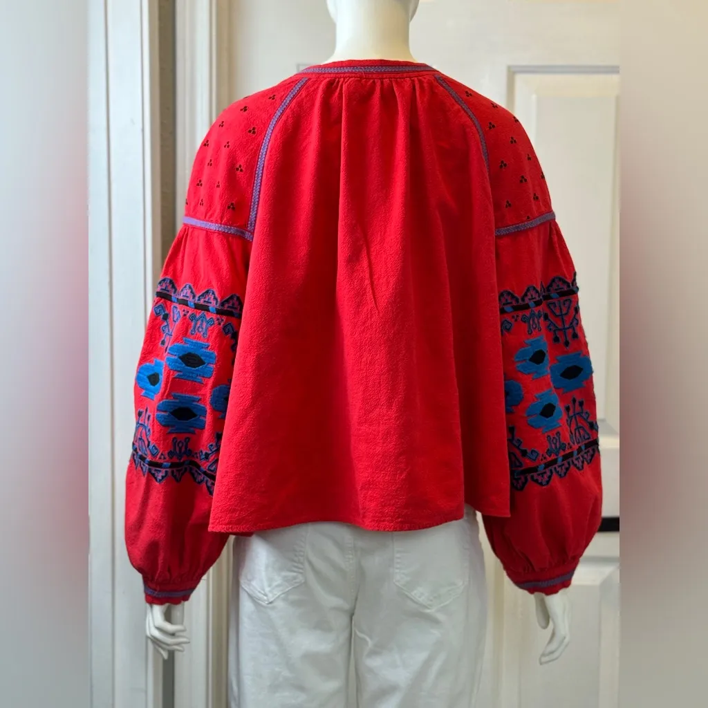 Free People Linen/Cotton Blend Vibrant Red Bohemian Jacket Blue Floral Accents L - Image 3