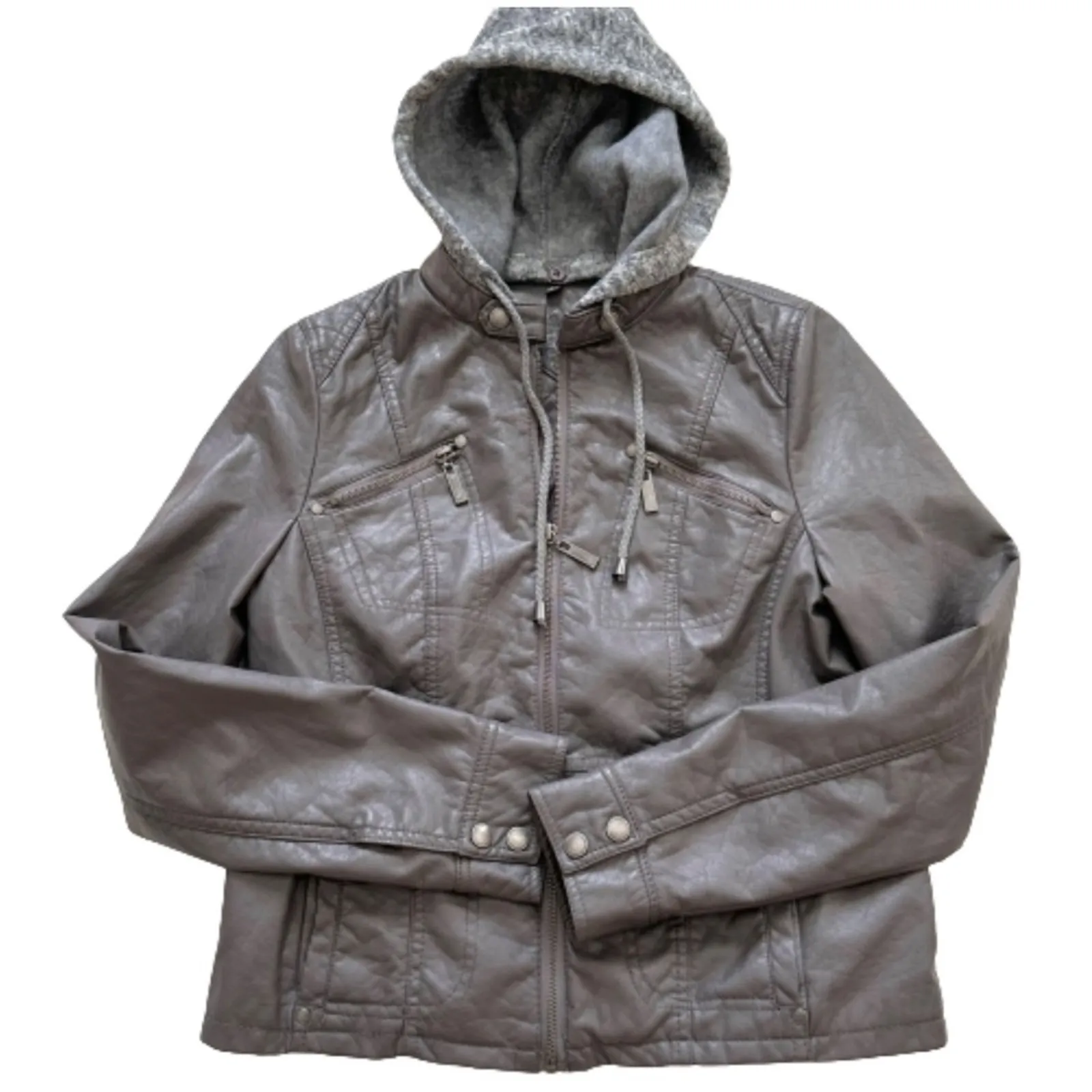 Jou Jou Jacket Gray Faux Leather Detachable Hood Fitted Pockets Moto Coat Medium - Image 14