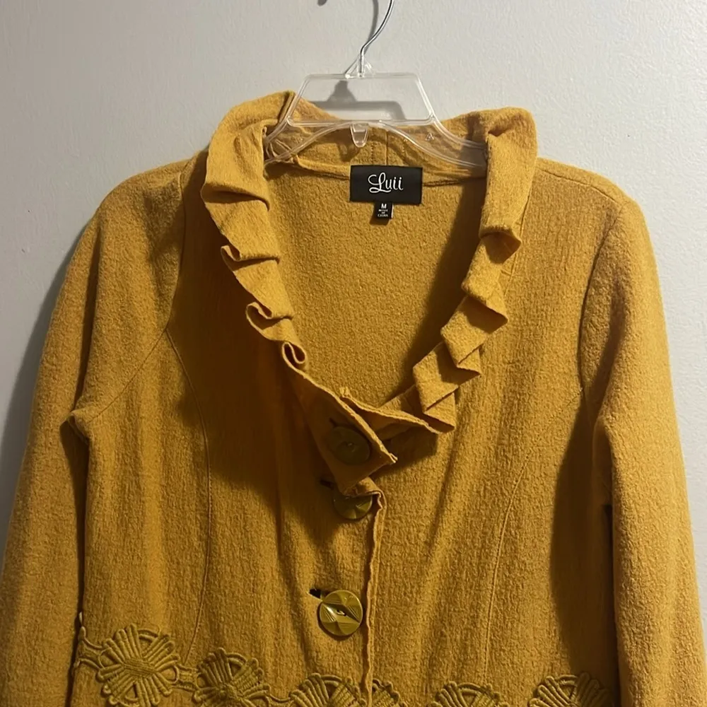 Luii by Anthropology Vintage Mustard Yellow Wool Crochet Detail Long Coat Gold Size M - Image 4