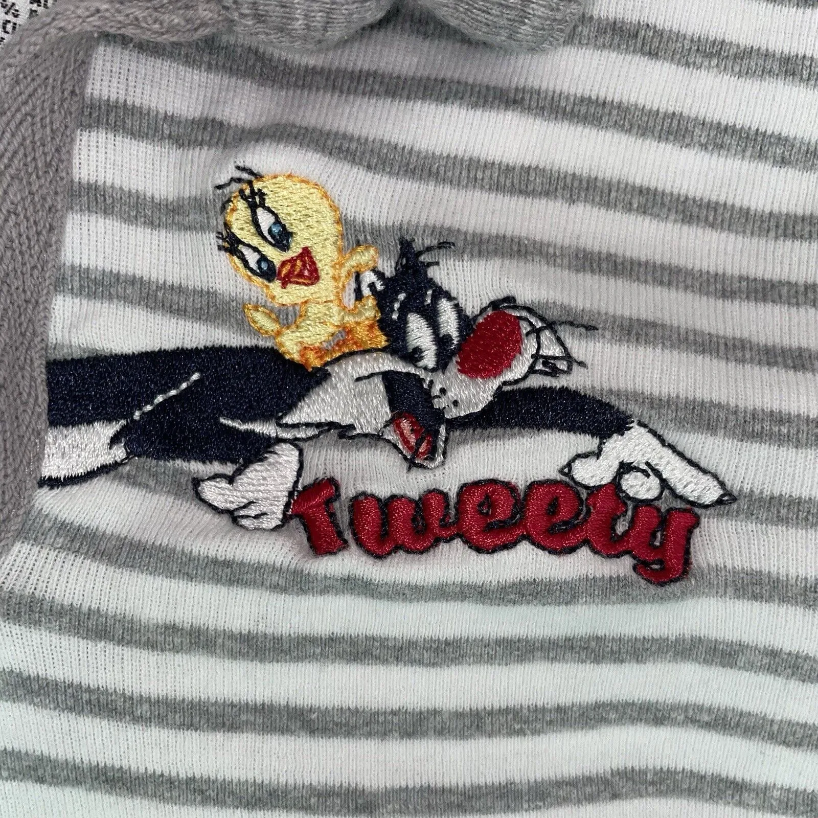 Tweety Bird Polo Shirt Women’s SZ L Grey White Striped Qtr Length Sleeves VTG Size L - Image 3