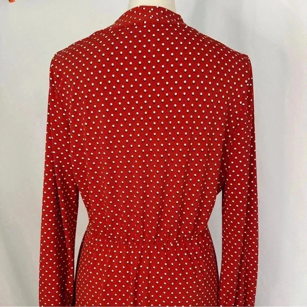 Adrianna Papell Long Sleeve Red Polka Dot V-Neck Midi Dress Medium Elastic Waist - Image 7