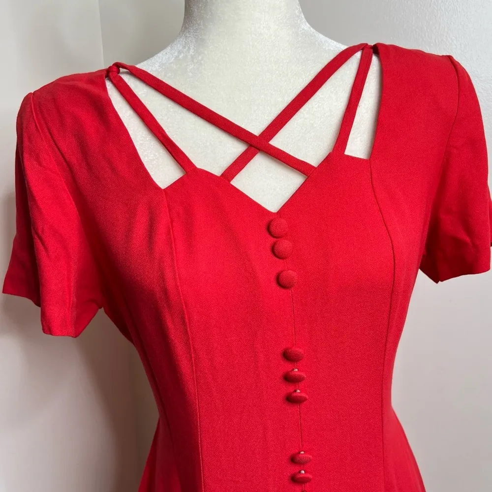 Vintage 80s Scarlett Midi Dress Woman’s Size Medium Decorative Buttons - Image 3