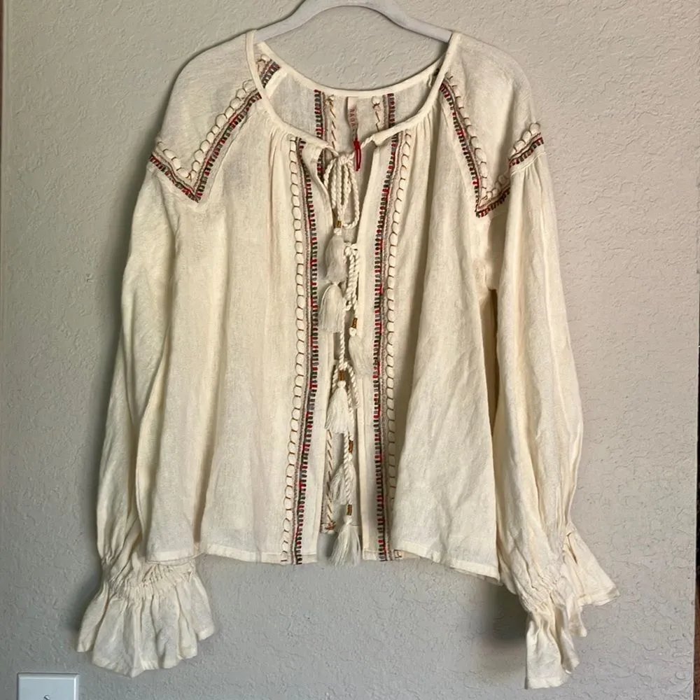 RAGA Lyra Cream Open Tassle Tie Front Ling Sleeve Embroidered Size Small - Image 4