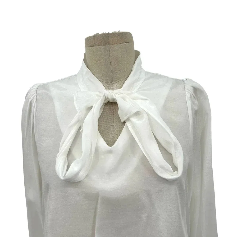 HAVELESS Shine Tie Blouse in White Neck Tie Pussybow‎ One Size Size undefined - Image 4