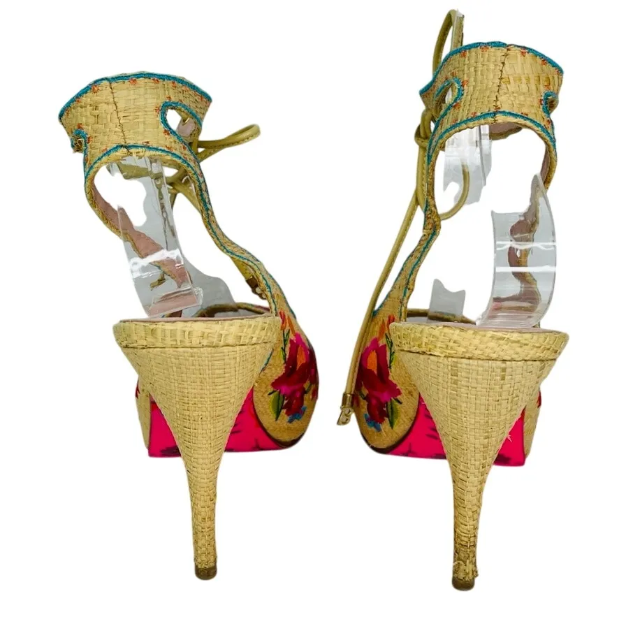 Betsey Johnson Floral Embroidered Peep Toe Heels Size 7 Ankle Wrap Tie - Image 10