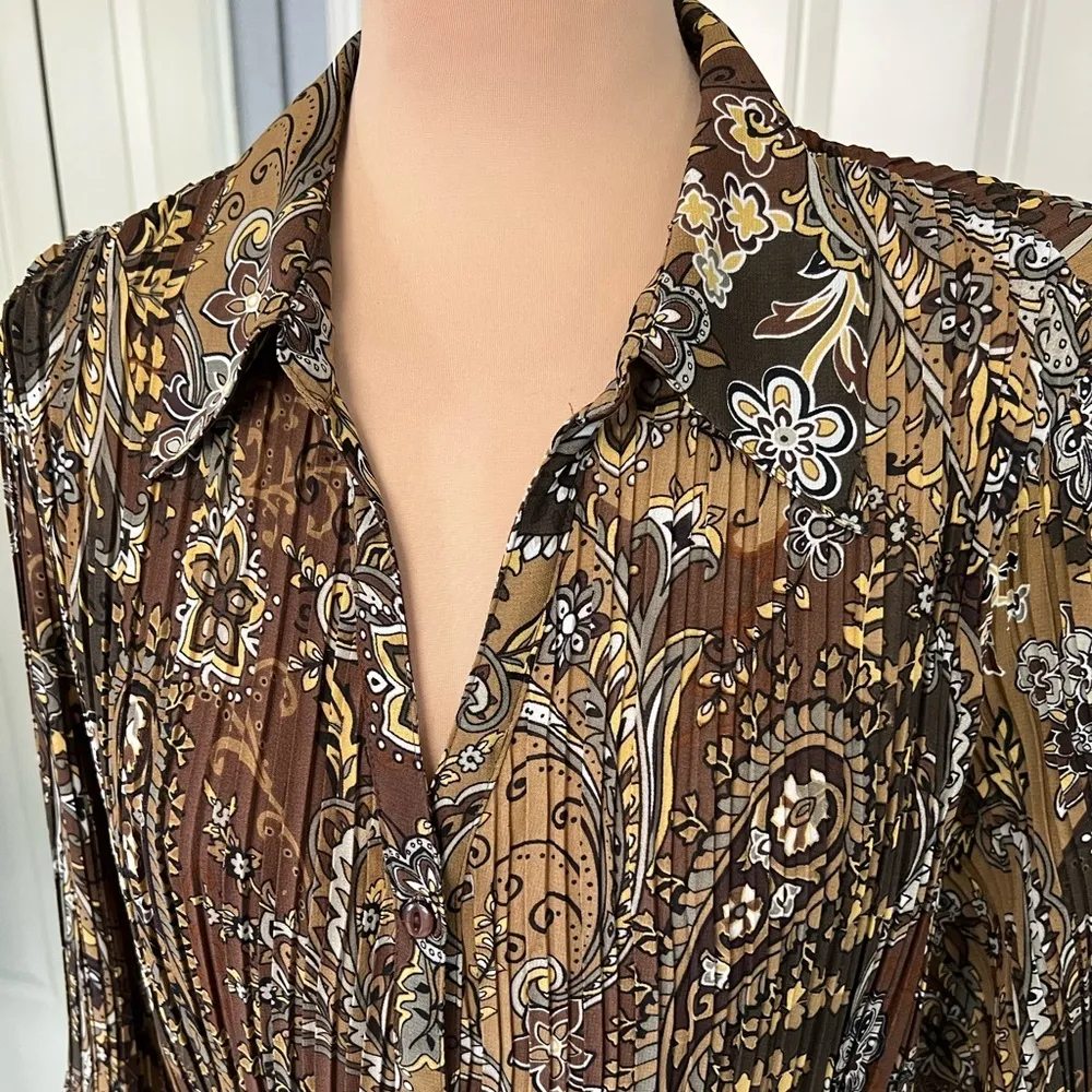 Vtg New York City Design Co Brown Floral Paisley Crinkle Retro Button Up Blouse‎ Size 2X - Image 2