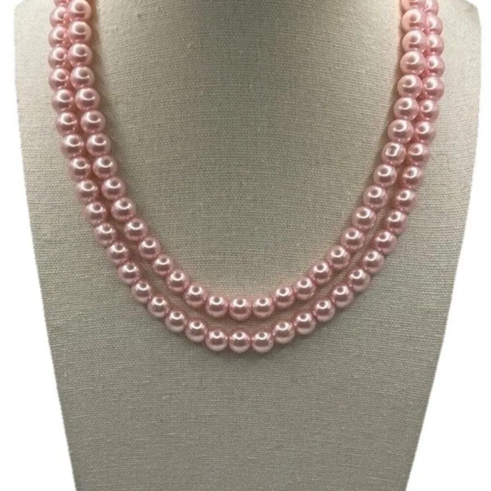 Vintage Pink Tone Double Strand Pink Faux Pearl Lightweight 33” Necklace - Image 3