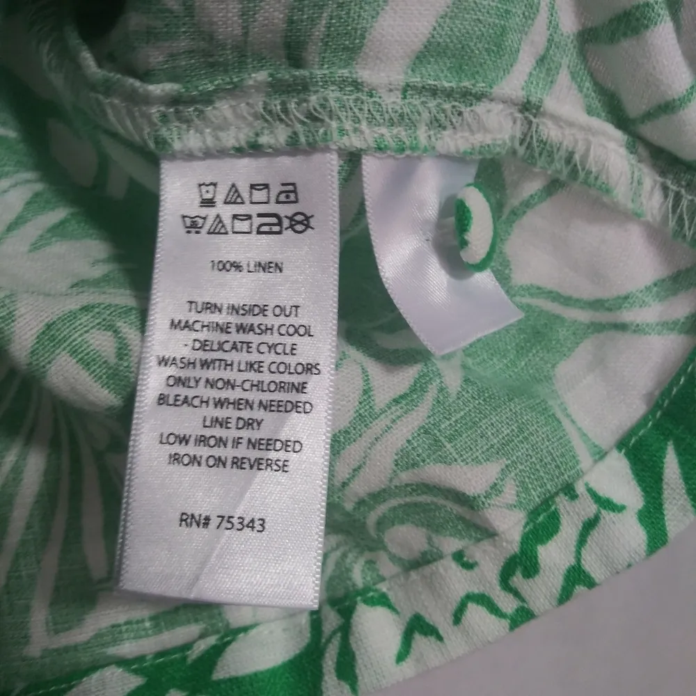 Nicole Miller Green Tropical Flax Linen Short Sleeve Button Up Boxy Blouse Sz M - Image 7