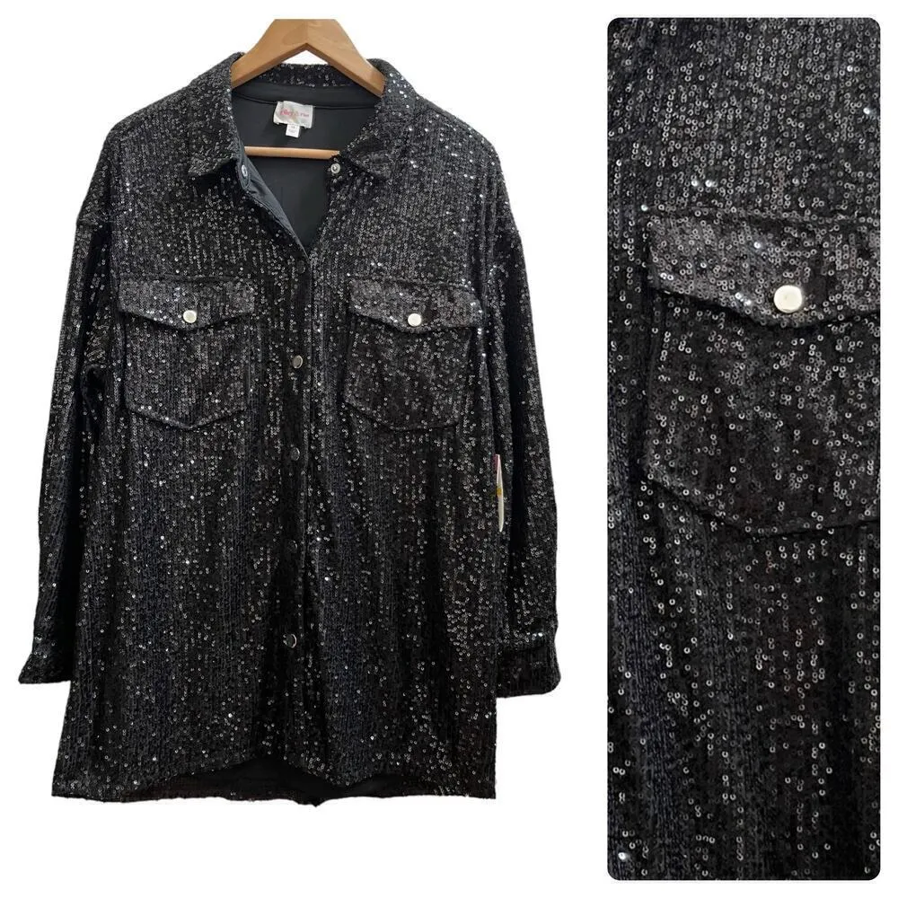 Riley & Rae New Black Longline Sequin Snap Button Shirt Jacket Size Medium - Image 11