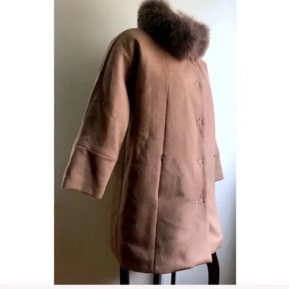 Gimo's Camel Tan Wool Cashmere Coat Fox Fur Trim Water Repellent Jacket Sz 40 - Image 5