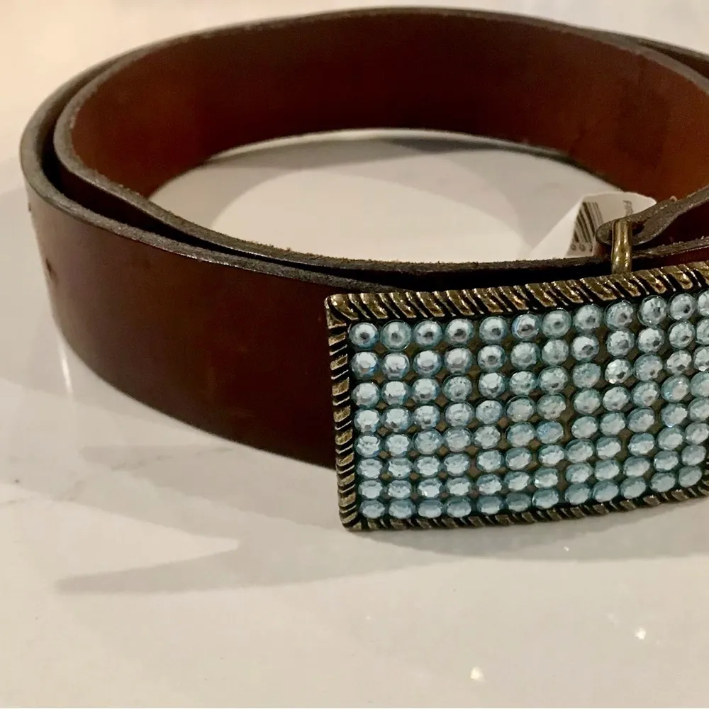 Brown leather Belt with sky blue Crystal Buckle - Image 2