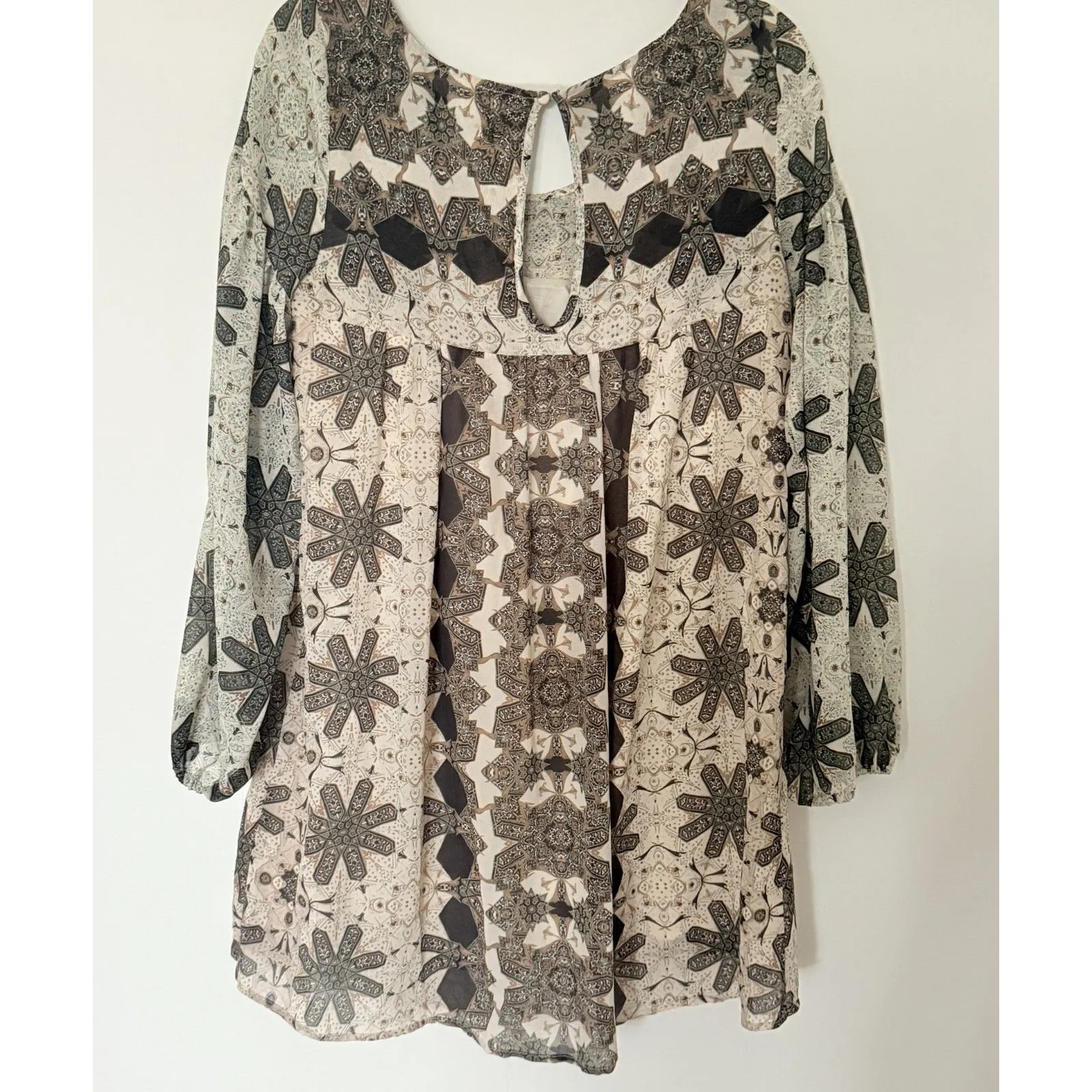 Free People Brown Cream Boho Sheer Shift Dress Chiffon Peasant Sleeves Sz  S - Image 2