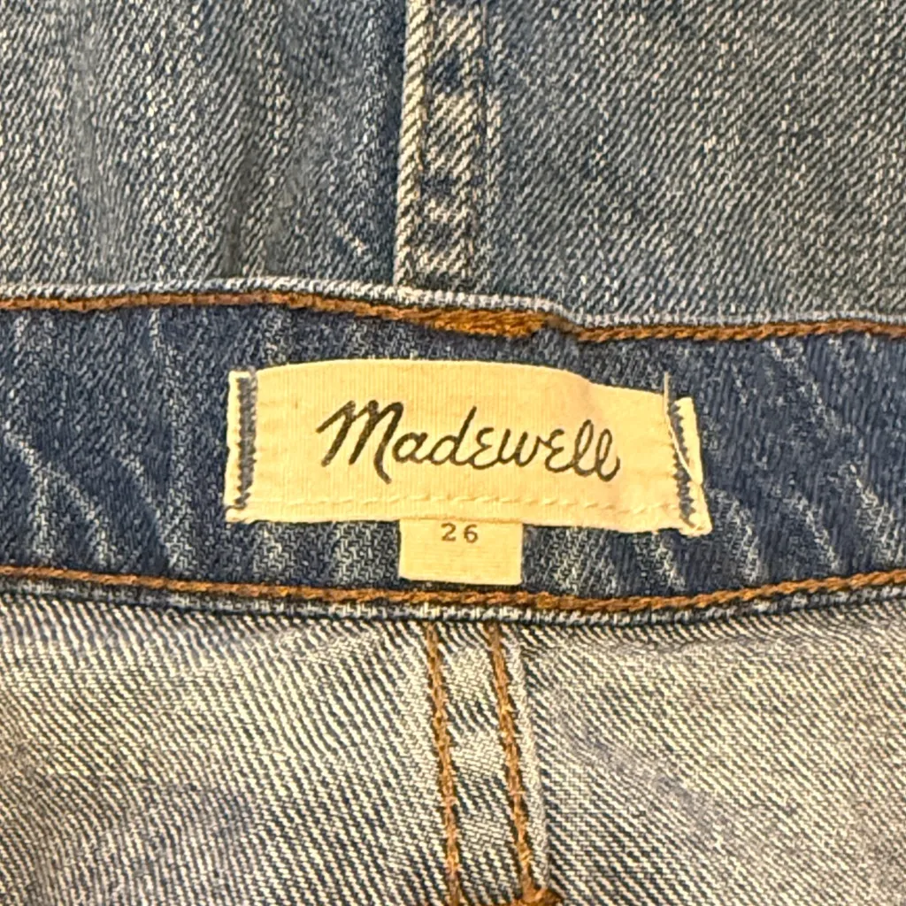 Madewell Rigid Denim A-Line Mini Skirt in Leandra Wash raw hem waist size 26 - Image 7
