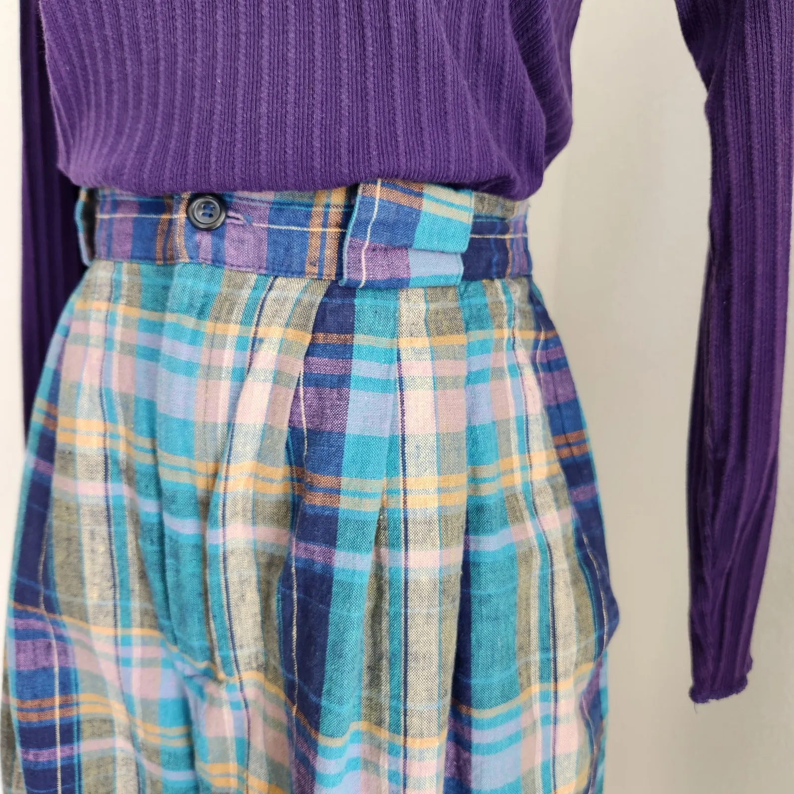Vintage Fundamental Things Plaid Pleated High Waisted Linen Shorts Teal Purple 2 - Image 2