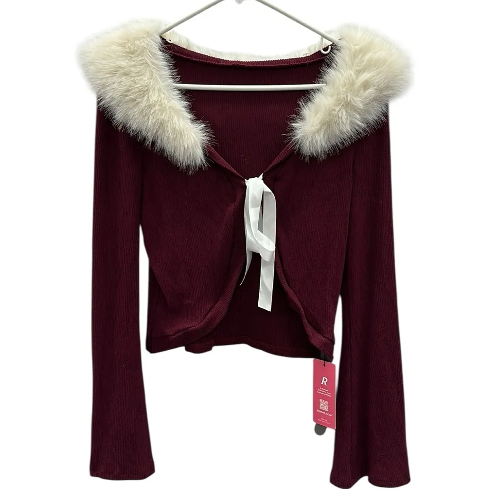Faux Fur Removable Collar Burgundy Ribbed Knit Tie Front Bell Sleeve Cardigan M - Image 7