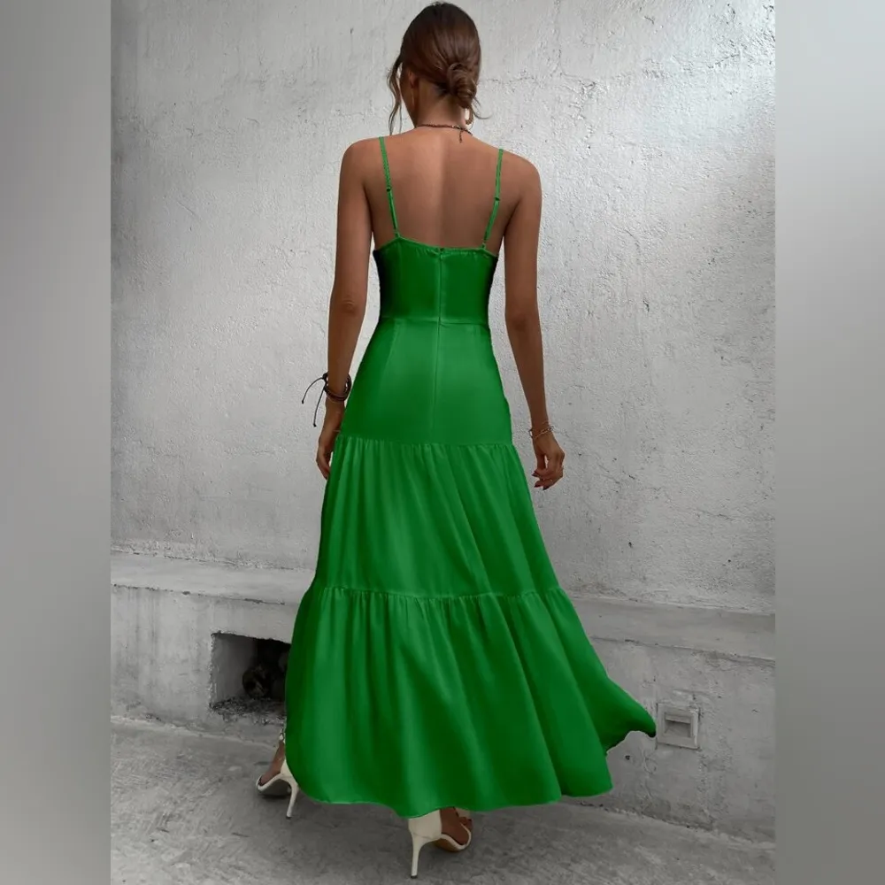 Green Twist Front Cut Out Ruffle Hem Maxi Cami Dress - Image 4