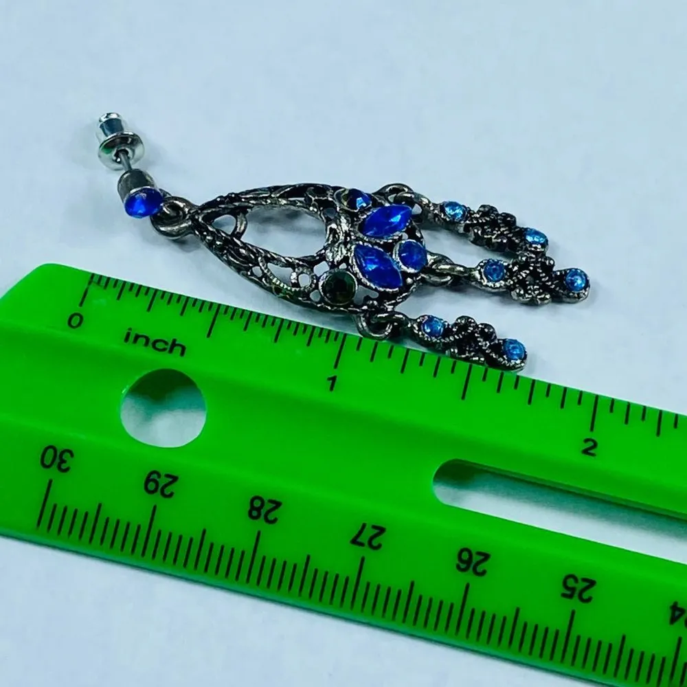 Earrings Pierced Dangle Drop Silver Color Metal Shades of Blue Rhinestones - Image 5