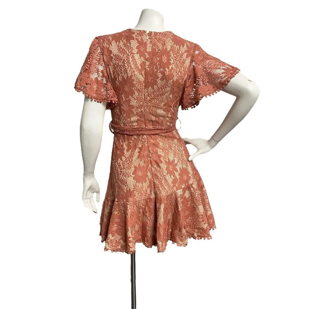 Selfie Leslie Women's Small Floral Rusty Brown Flower Lace Faux Wrap Mini Dress - Image 5